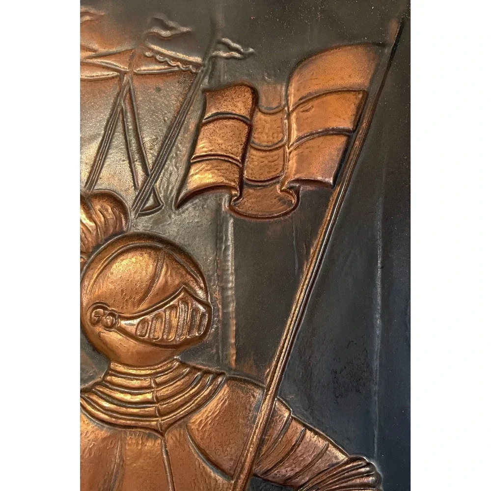 Vintage 3D Medieval Copper Knight Wall Art Plaque Embossed Metal Fleur -De-Lis